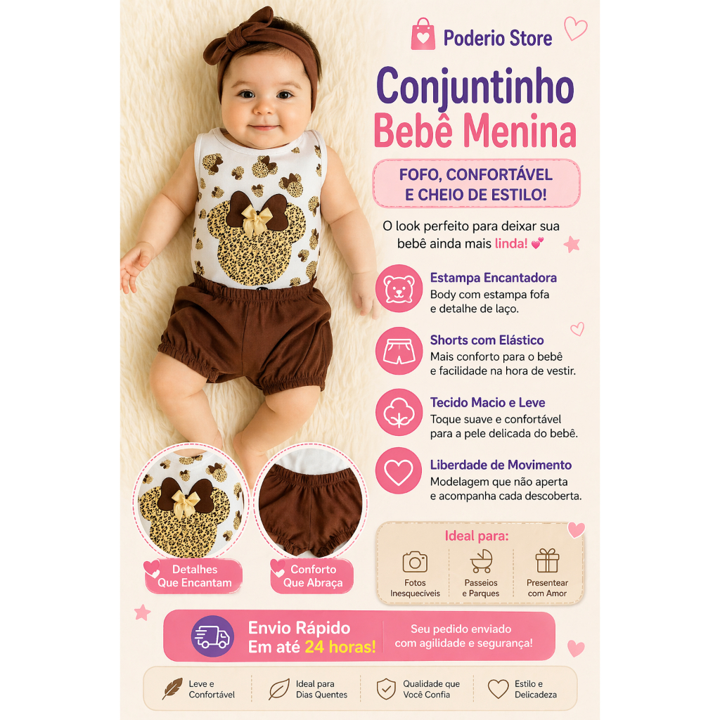 Conjunto Bebê Menina 3 a 6 Meses Body + Shorts + Laço de cabelo ou Camiseta + Calça Oncinha Roupa para bebê algodão