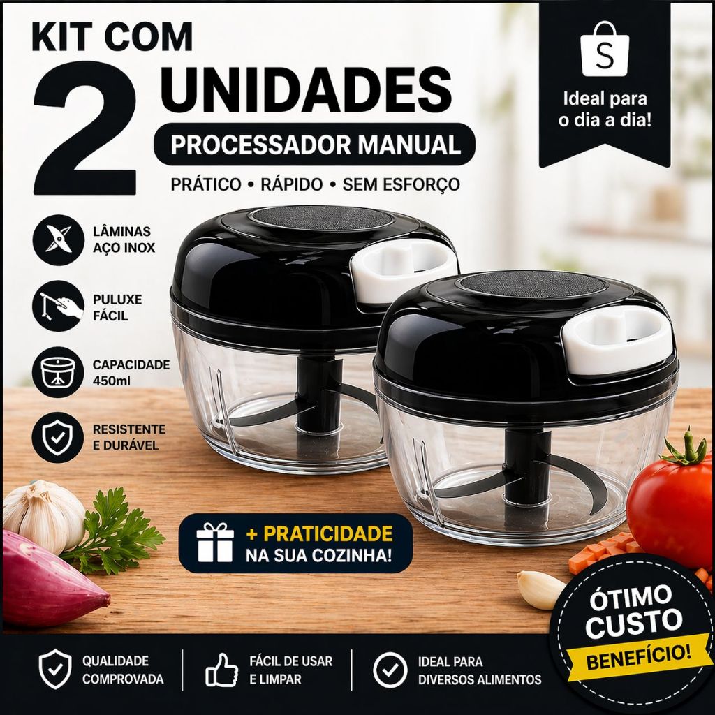 Kit 2 Triturador Manual 500ml 3 Lâminas Inox | Processador Portátil Alho Legumes Cozinha Rápida
