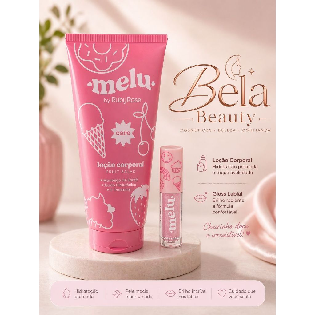 KIT Creme/Loção de corpo Fruit salad e Gloss/Batom labial churros Melu by ruby rose