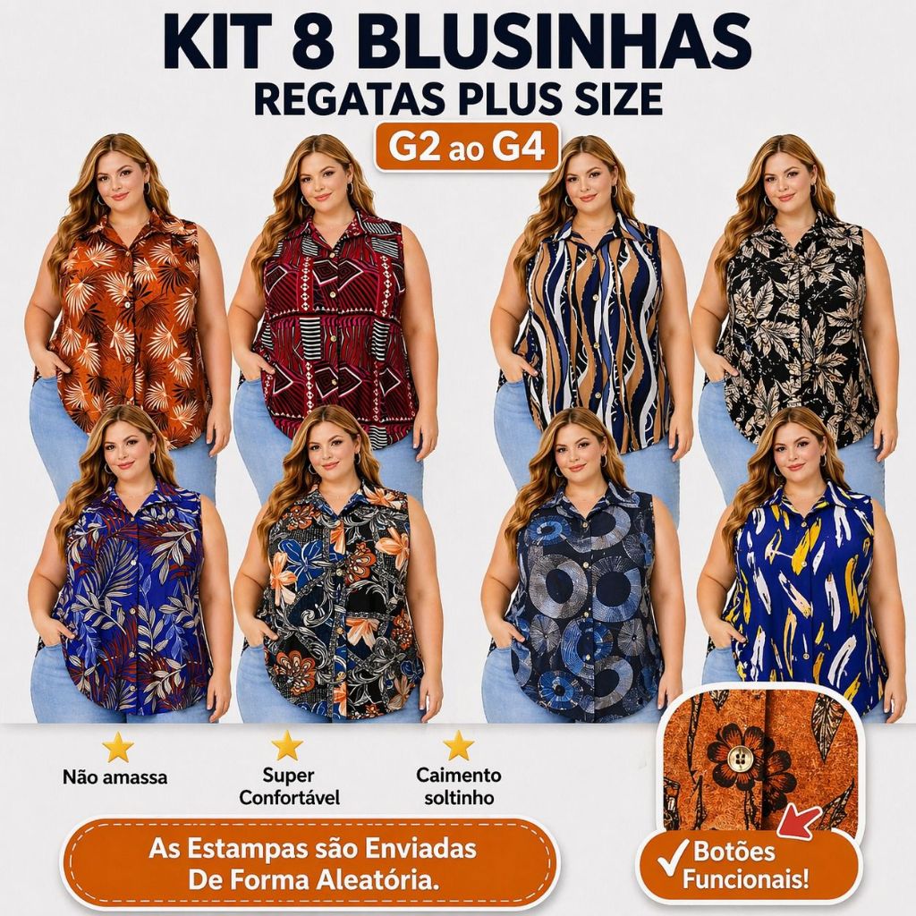 Kit 8 Blusas Regata Plus Size Regata Feminina Mega Oferta Leve e Fresca G2 G3 G4 Atacado