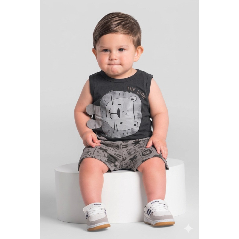 Conjunto Infantil Masculino Leão Regata + Bermuda Confortável Estiloso