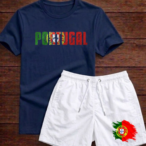 Bermuda e Camiseta Masculina Conjunto Portugal Estampado Mauricinho Kit Short Praia Tactel Verão Casual Adulto