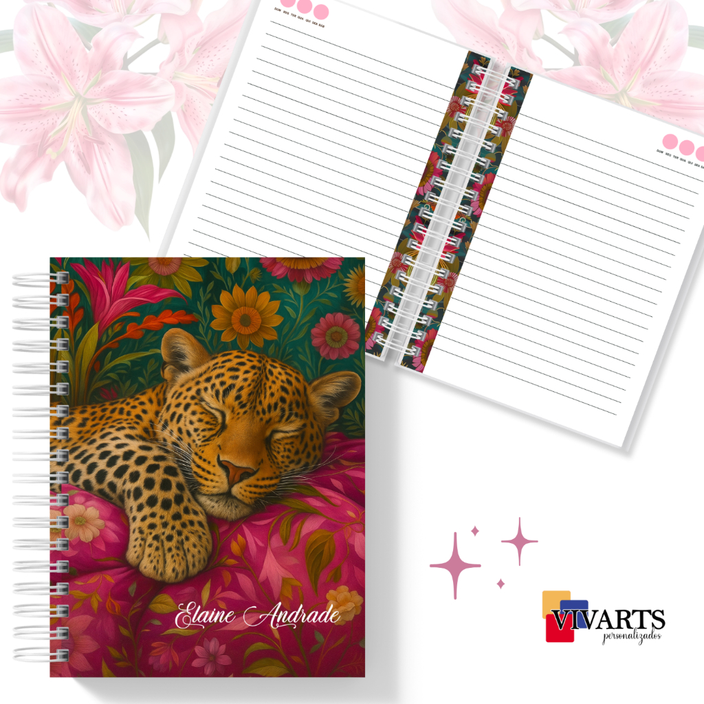 Caderno Leopardo Floral Personalizado - CAPA DURA | 120 PÁGINAS PAUTADAS