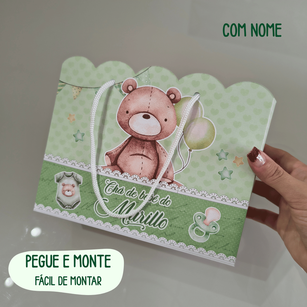 Sacola Personalizada Chá de bebê ursinho verde com Nome | Pegue e Monte Fácil  | Lembrancinha chá de fraldas