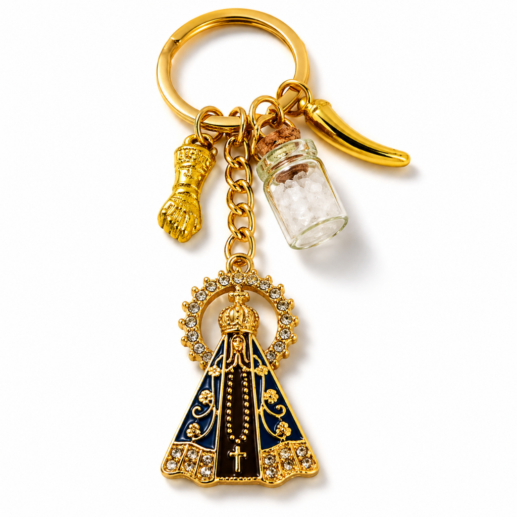 Chaveiro Nossa Senhora Aparecida Dourado com Amuletos Religiosos