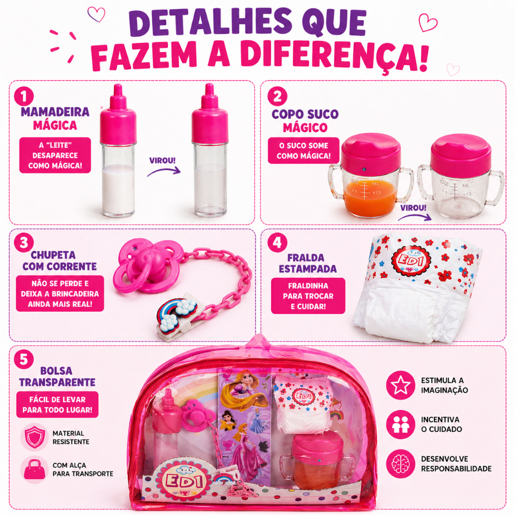 Kit Bolsa Rosa Acessórios Bonecas Reborn peq. Fralda Mamadeira Chupeta Prendedor Brinquedos infantil