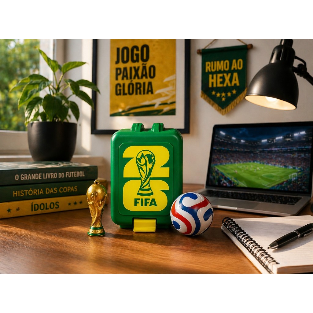 Porta Figurinhas Copa 2026 + Chaveiro Taça do Mundo + Chaveiro Bola – Kit Torcedor Colecionador