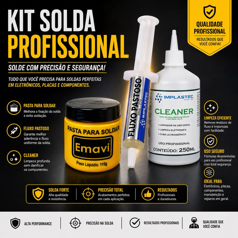 Kit Soldagem Eletronica Completo Fluxo Pastoso + Pasta Soldar 110g + Cleaner 250ml