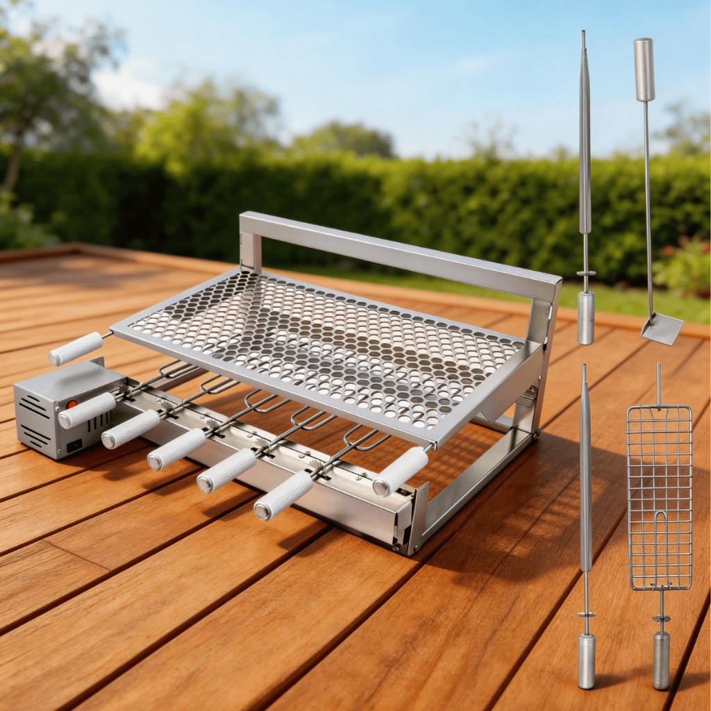 Gira Grill Inox 70cm De Largura Com Grelha Flutuante Bivolt 5 Espetos Giratórios Grelha Moeda