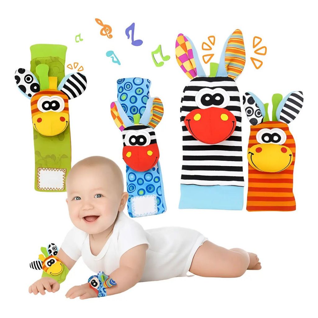 Kit 4 de Meias e Localizador de Pés com Chocalho de Pulso para Bebês Brinquedos Perfeitos de 0 a 12 Meses