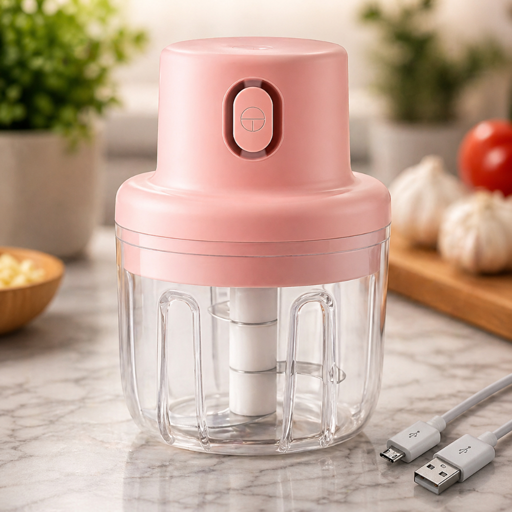 Mini Processador Elétrico 250ml Recarregável USB 3 Lâminas Triturador Cozinha Portátil