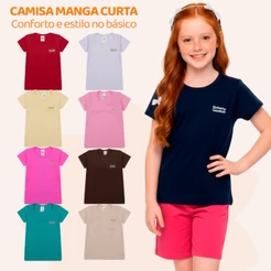 Kit 2, 6 ou 8 Blusas Manga Curta Infantil Menina Básica Lisa Casual de Verão Algodão Infantil Feminino
