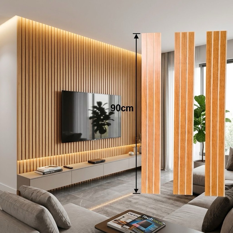Kit Até 40 Placas Grandes Ripado MDF 90x10cm Painel Decorativo Parede Autocolante Escritório Sala Tv