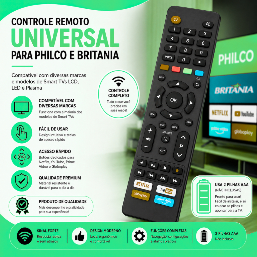 Controle Remoto Compatível Philco e Britânia Smart TV Netflix Globoplay Prime Video