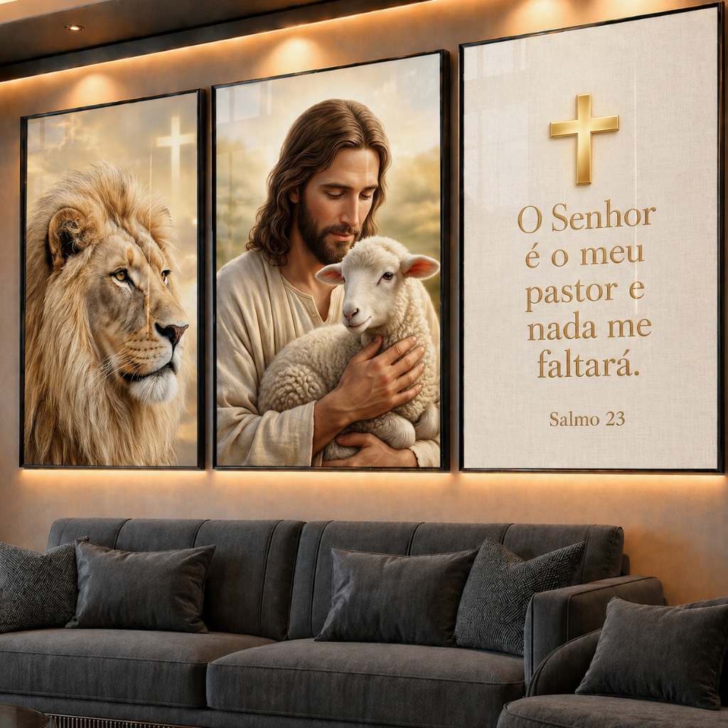 Kit 3 Quadros Decorativos Jesus Bom Pastor Leão de Judá Salmo 23 O Senhor é meu Pastor Sala