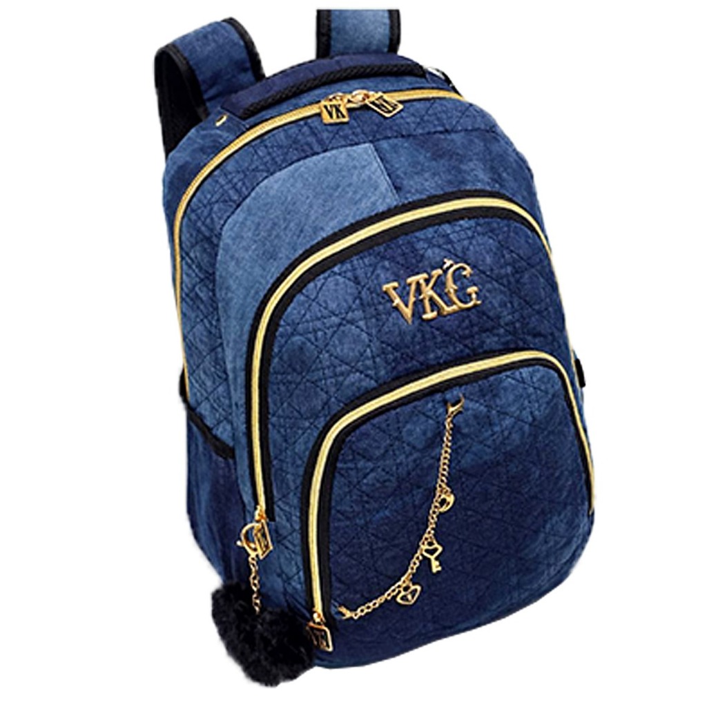 Mochila Jeans Feminina Reforçada Escolar trabalho dia a dia + chaveiro pompom