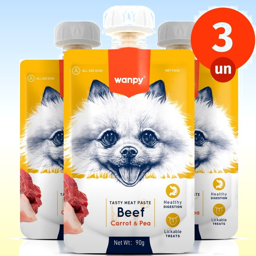 Kit 3 Petisco Truly Wanpy Creamy Sachê para Cães Carne e Cenoura 90 G