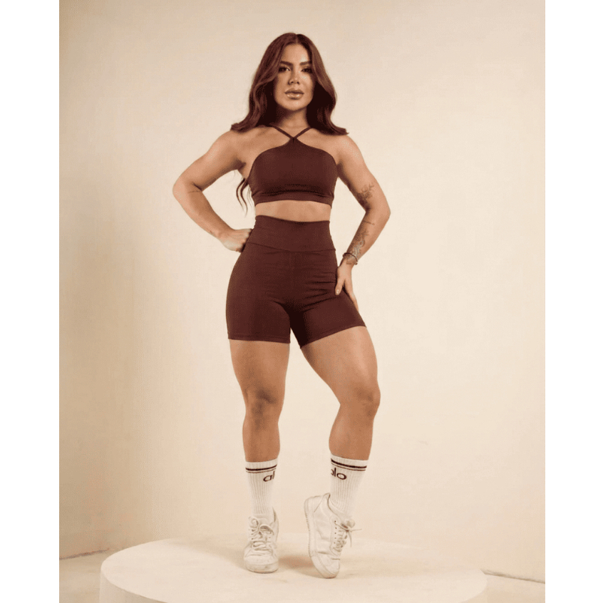Conjunto de Academia Feminino Top + Short Marrom Curto Cintura Alta sem Transparência com Bojo Removível