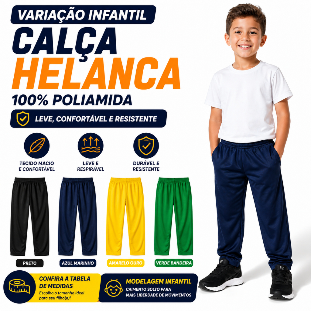 Calça Infantil Helanca 100% Poliamida |  Confortável | Escolar | Esporte | Leve | Secagem Rápida