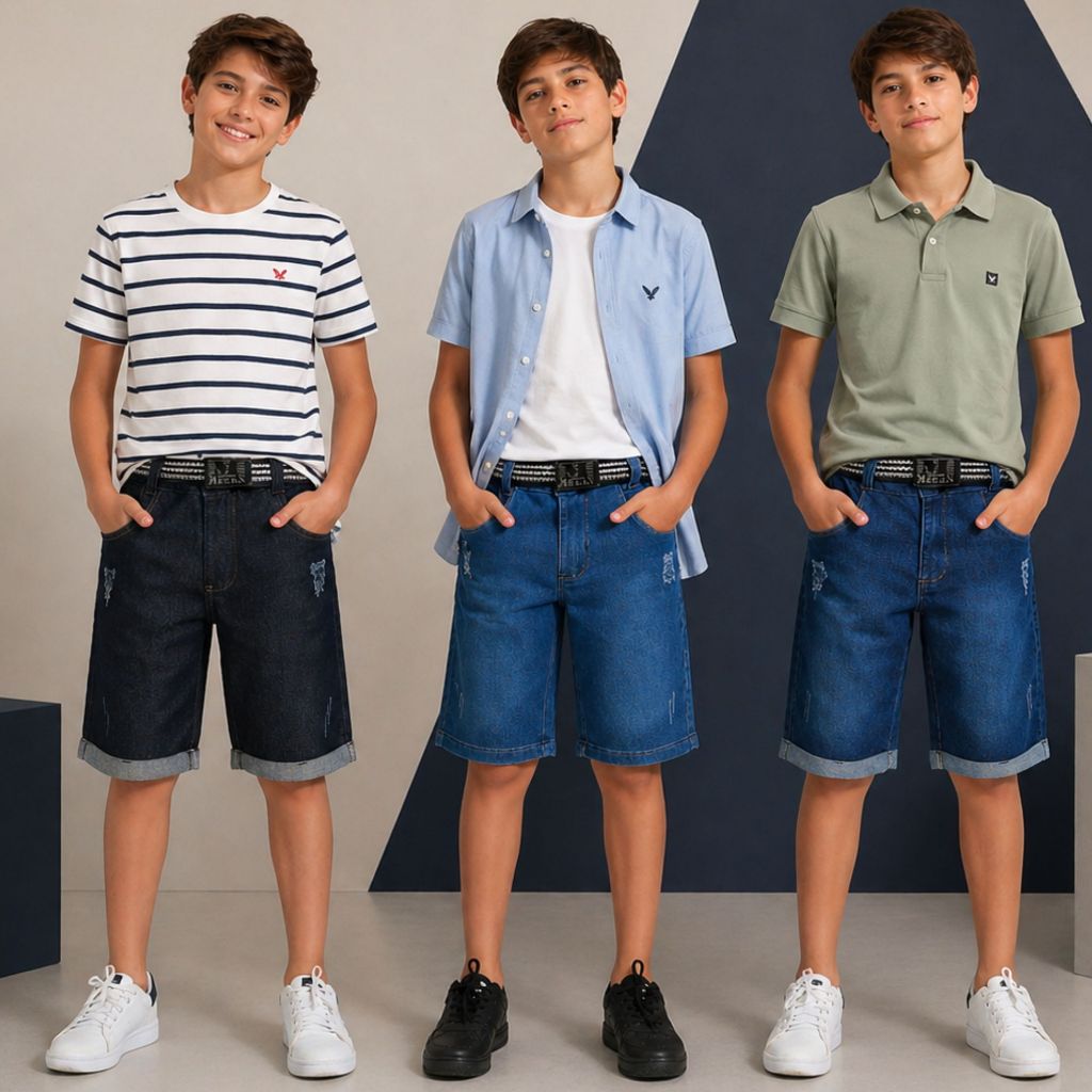 Short jeans com bolso bermuda elastano premium slim moda para menino 04 ao 16 anos