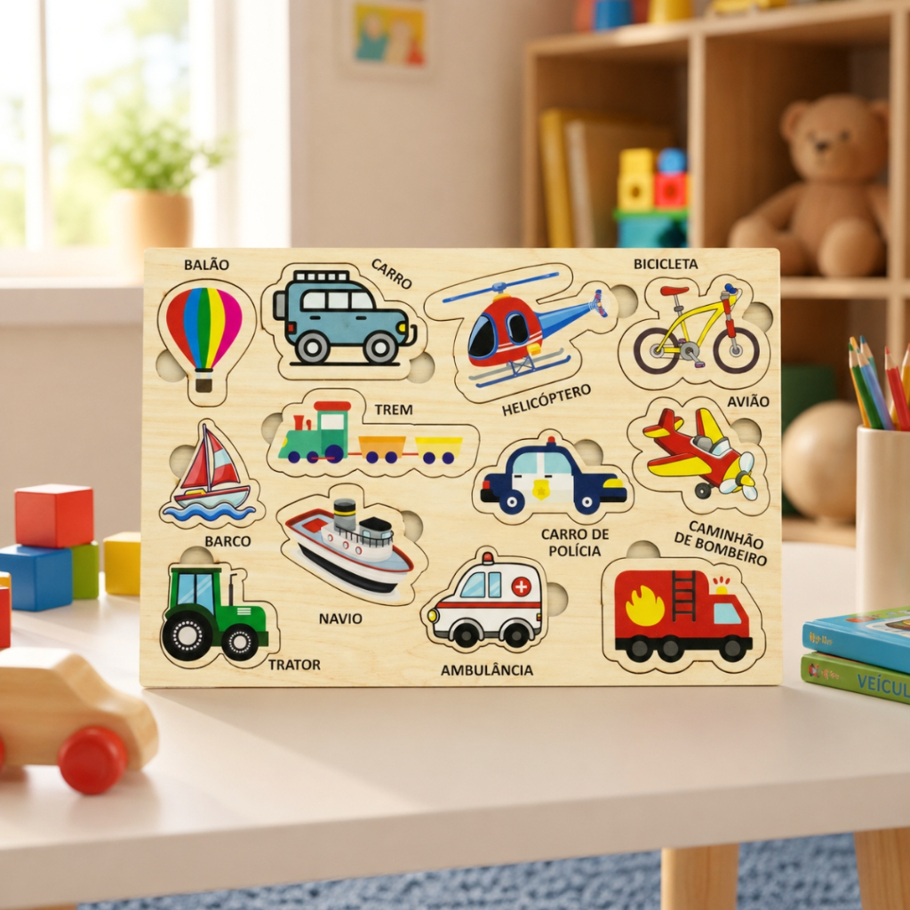 Tabuleiro de encaixe Transportes Brinquedo Didático Coordenação Motora Veículos 12pç Autismo Madeira