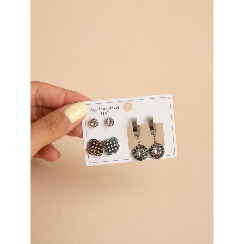 Trio de Brincos Feminino Kit em Aço Inoxidável Prata Argolinha com Pedraria Antialérgico Luxo