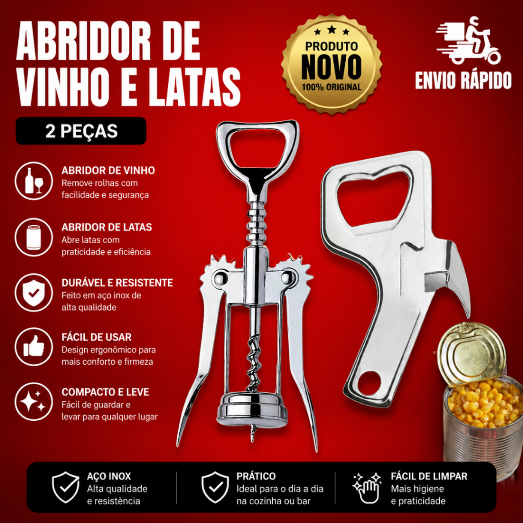 2 Unidades Sendo Saca-Rolha + 1 Abridor de Lata e 1 Unidade Abridor de lata Super Resistente