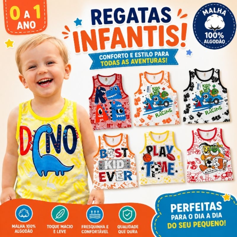 Kit 5 Regata Bebê Masculino 0 a 1 Ano Algodão Infantil Estampada Roupa de Verão