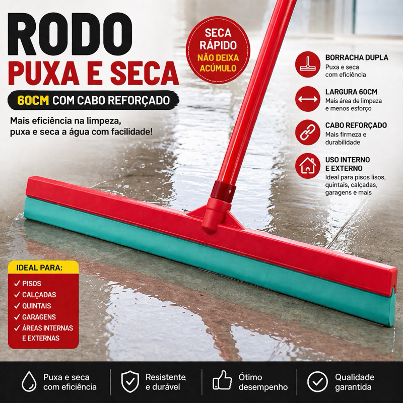 Rodo Puxa Seca 60cm com Cabo Reforçado Borracha Dupla para Piso Quintal Calçada