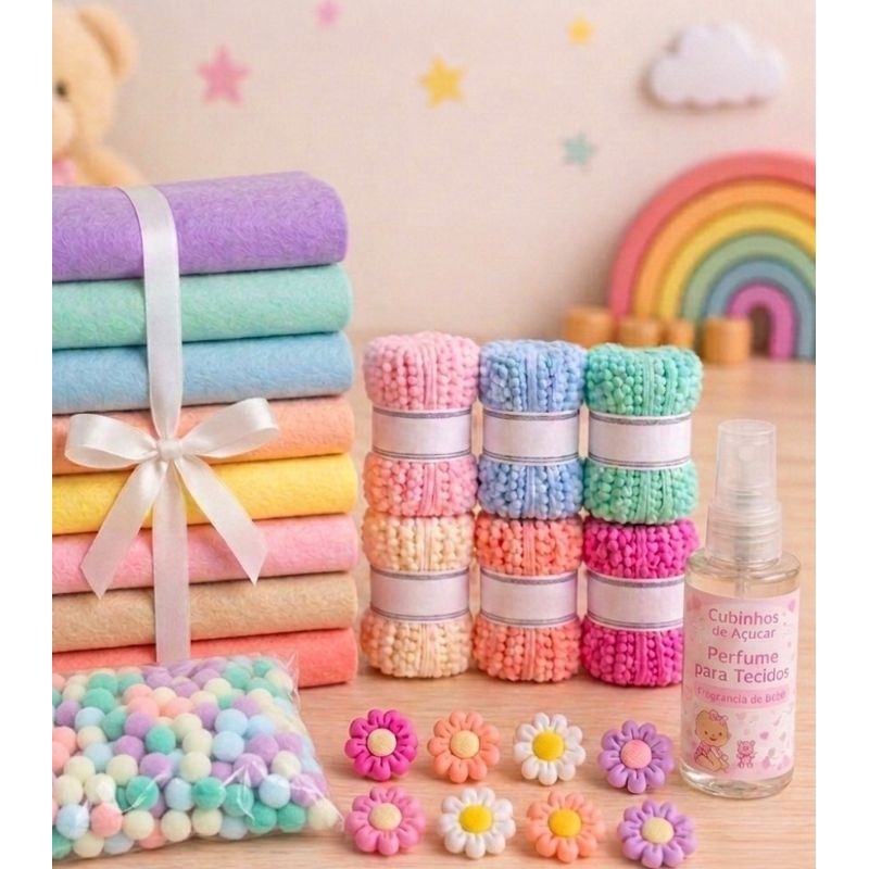 Kit 8 Feltro 35x50cm + 6m Fita Pompom + 100 pompons + 10 Apliques Flor + Perfume Tecido Artesanto e Costura Candy Color