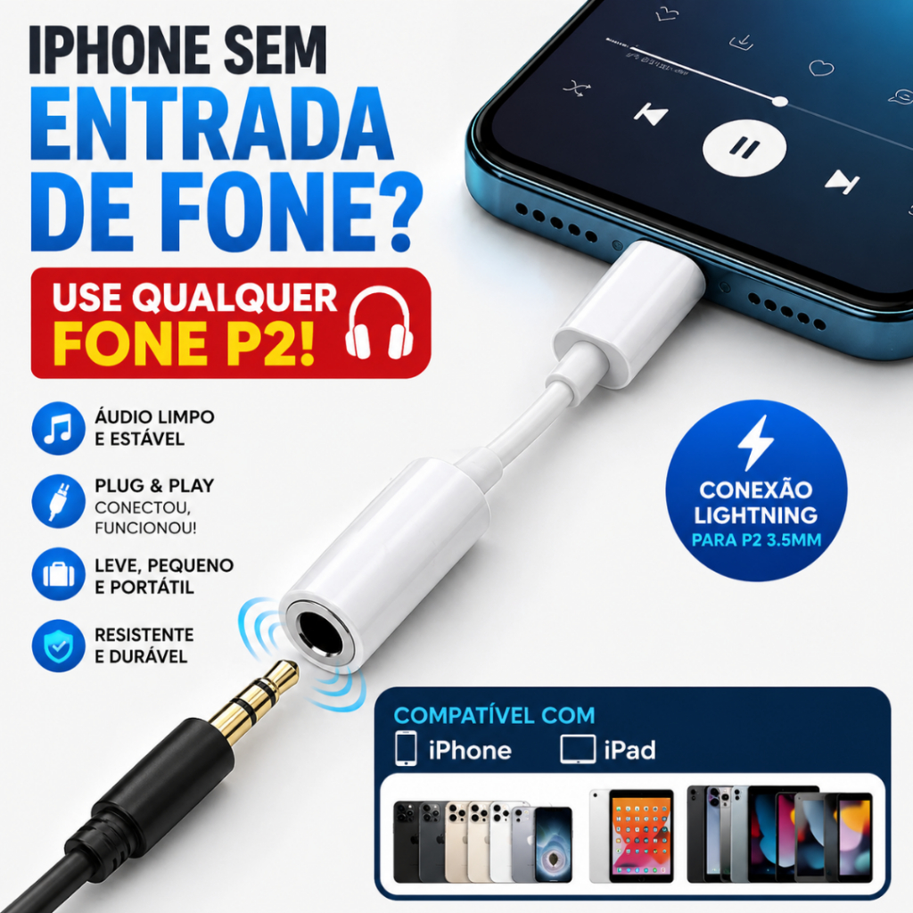 Adaptador Lightning para P2 iPhone Fone Ouvido 3.5mm Macho Áudio iOS iPad Conector Auxiliar Cabo Compatível Qualidade