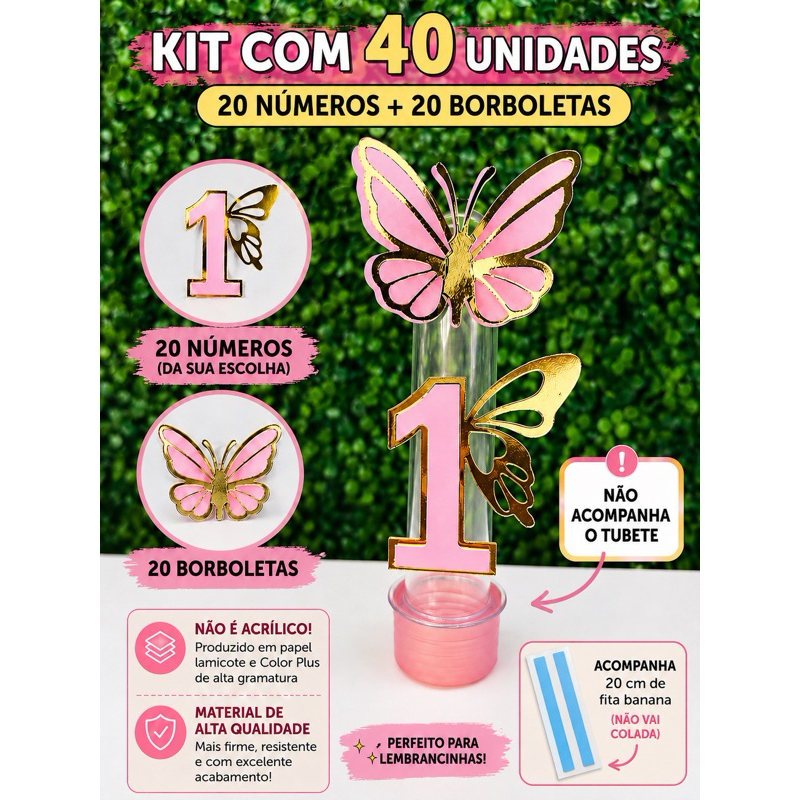Kit números com asas de borboletas para tubetes e borboletas em lamicote para lemb              rancinhas de aniversário