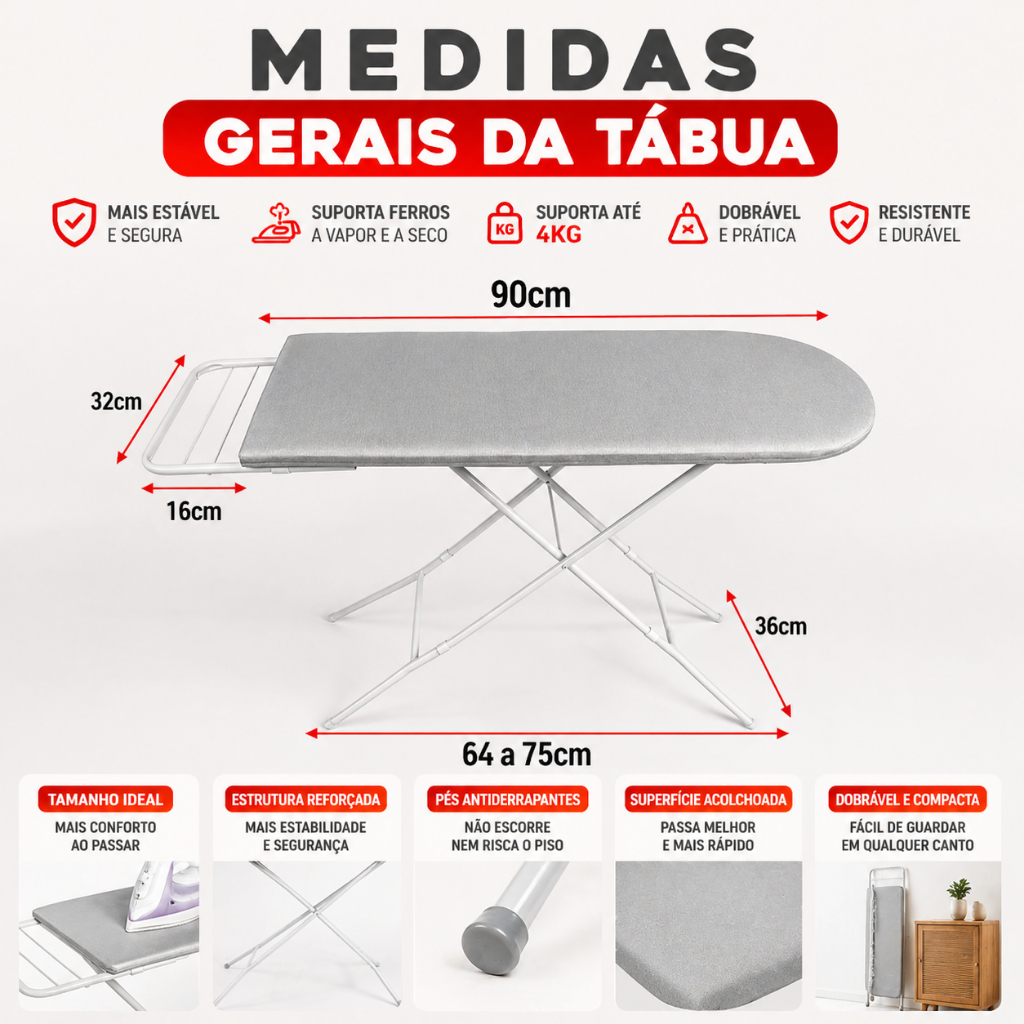 Tábua de Passar Roupa Reforçada Dobrável 4 Alturas Portátil Estável Suporta Peso Com Forro Térmico · foto 2