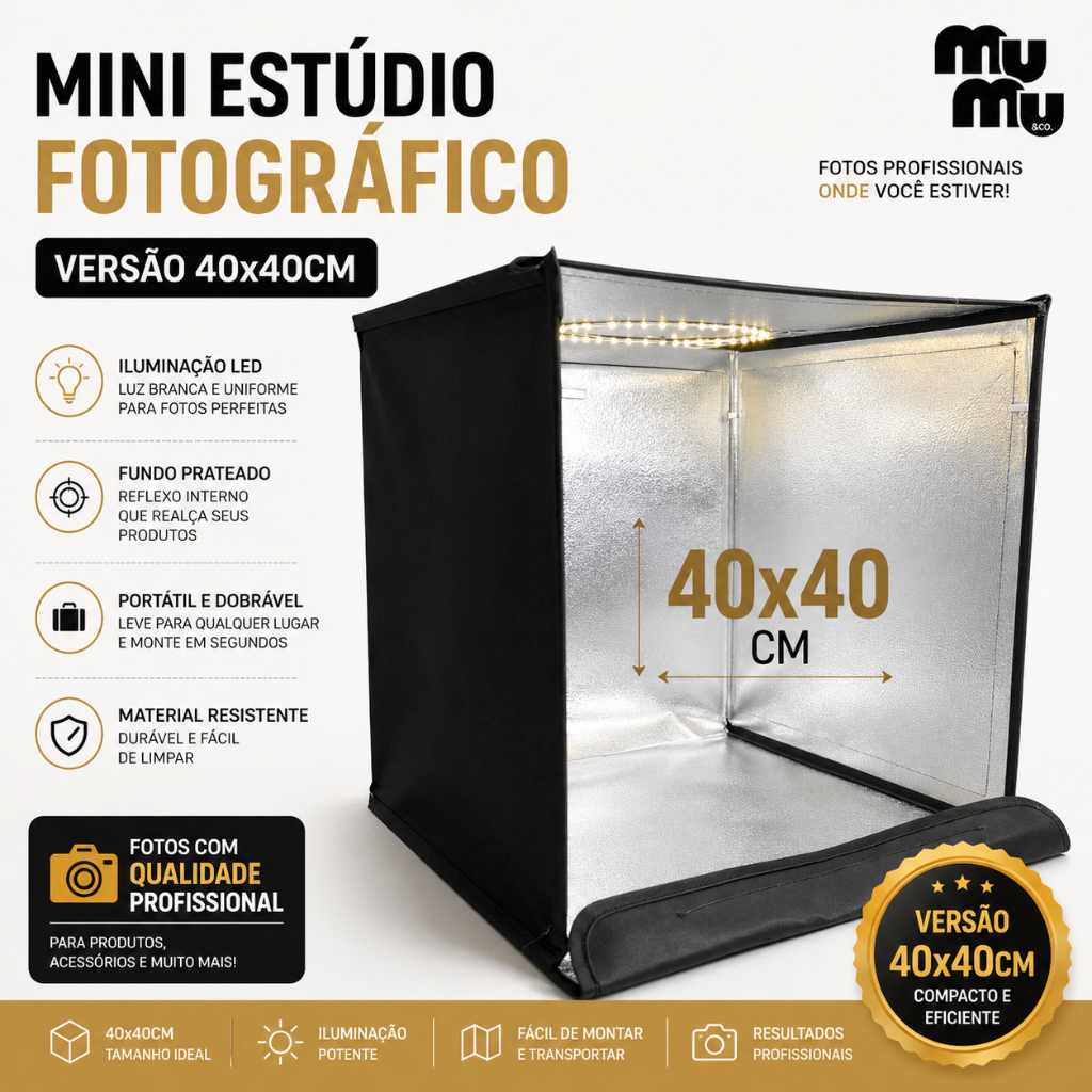 Mini Estúdio Fotográfico 40x40 LED Portátil Light Box Fundo Infinito Fotos Profissionais