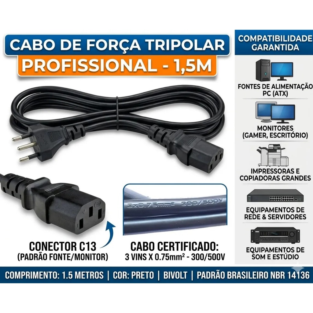 Cabo de Força Tripolar 3 Pinos | Padrão Brasileiro | PC Monitor Fonte Impressora
