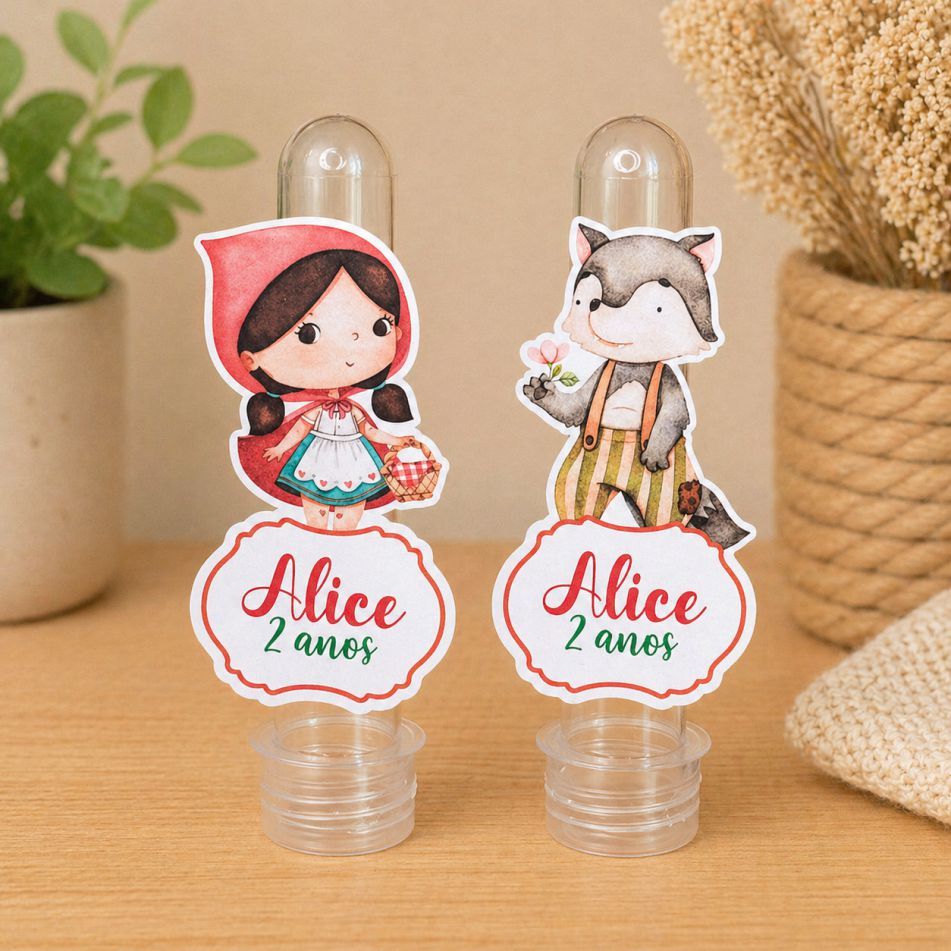 Aplique para Tubete Personalizado Chapeuzinho Vermelho e o Lobo I Tag I Aniversário I Lembrancinha Festa