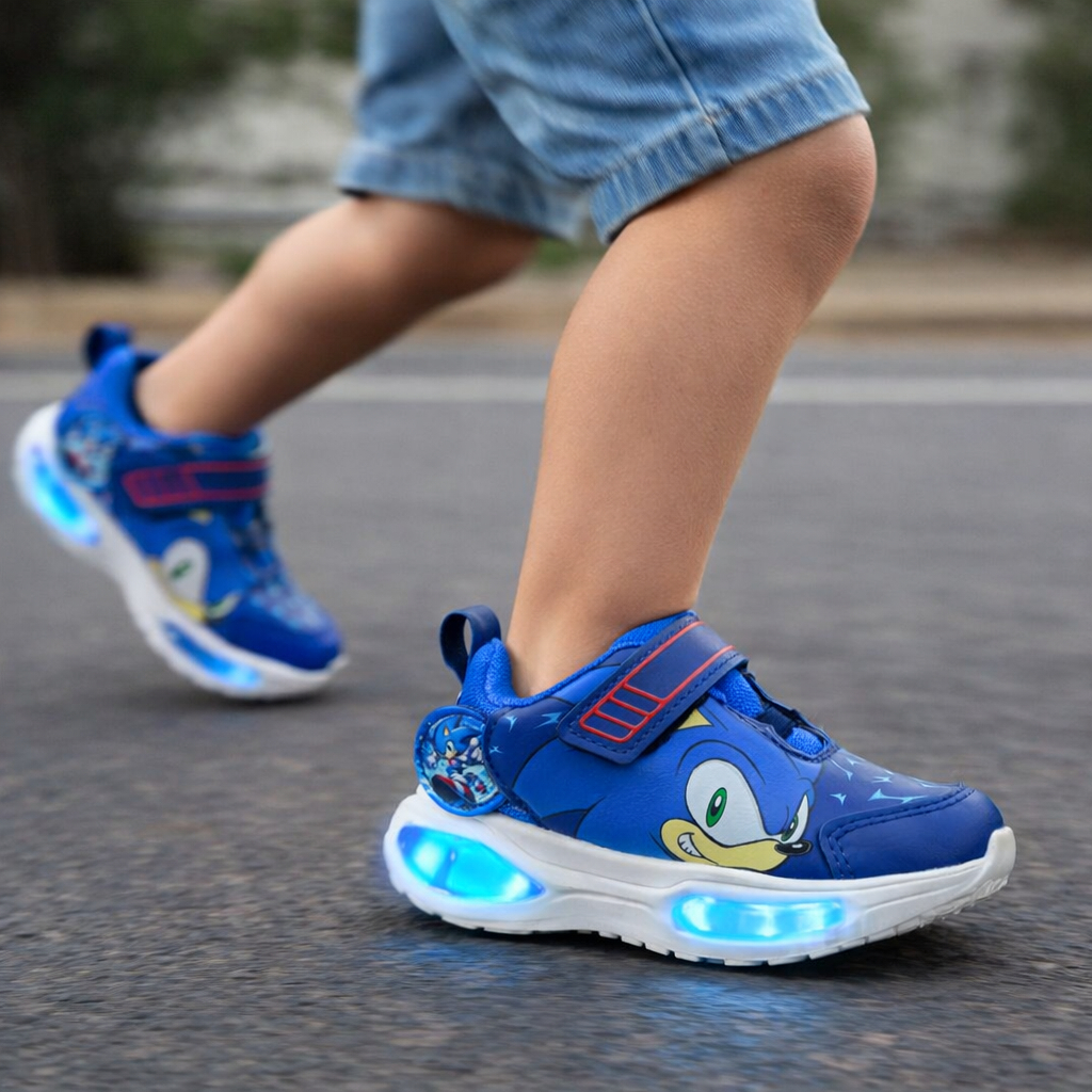 Tenis menino LED luzinha brilha ao pisar dino sonic confortável sem cadarço diversão garantida