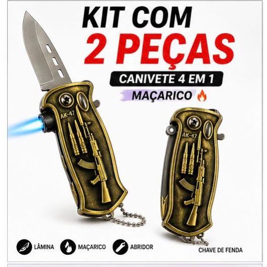 Kit 2 Peças Canivete Dobrável Multifuncional Isqueiro Maçarico Acendedor De Churrasco E Pesca Resistente (Env. sem gás)
