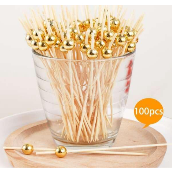 100pcs Palitos de Bambu Para Petisco Decorado Bolinha dourada 12cm