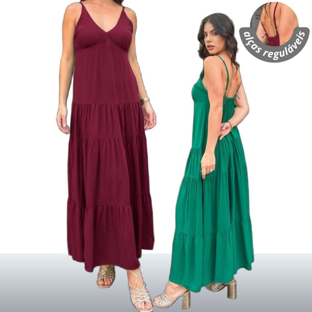 Vestido Longo Feminino Soltinho Elegante Alça Fina Confortável Vinho Preto Verde Bege Azul Marinho Promoção