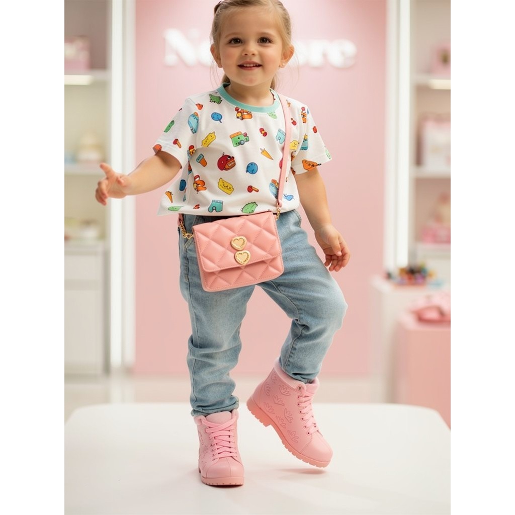 Conjunto Infantil Bota + Bolsinha Coração Feminino | Material Confortável E Impermeável