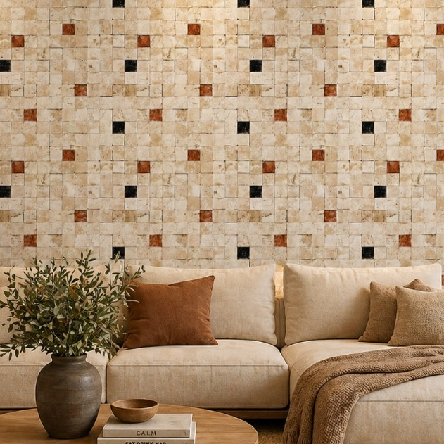 Papel de Parede Adesivo Autocolante Pedras Quadriculadas Bege e Marrom Muro Pedras 3d 2M ET