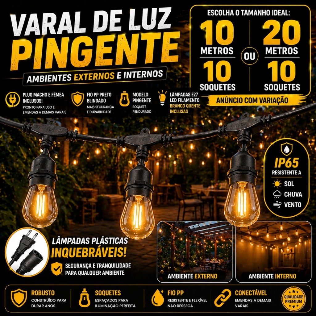 Varal De Luzes Blindado 20 metros c Lâmpadas LED Amarelas Ip65 Robusto Pingente Pendente ou 10 mts