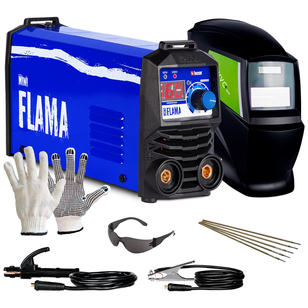 Maquina De Solda Mini Flama Eletrodo 160A MMA TIG Lift Bivolt Boxer + Máscara de Solda + Kit EPI