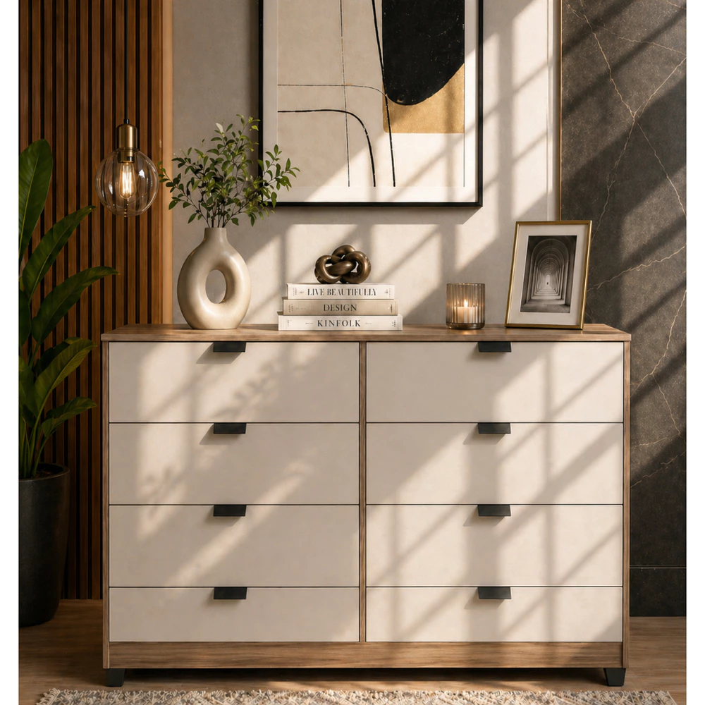 Cômoda Industrial 8 Gavetas P/ Quarto Casal Design Moderno Adulto Sapateira Off White Madeirado Espaçosa Cinza Branco