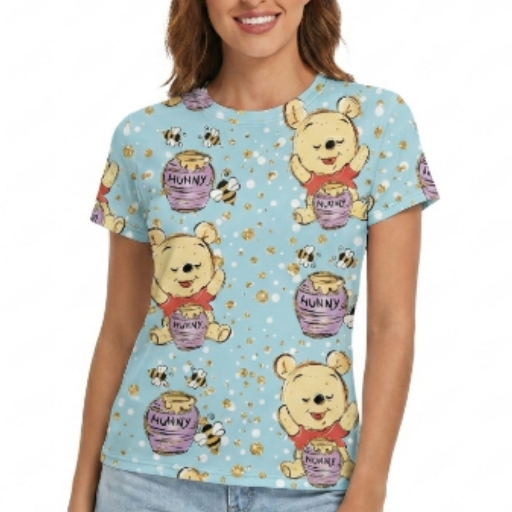 Camiseta Ursinho Pooh Feminina Estampada Baby Look Personagem Blusa Confortável Casual T-shirt