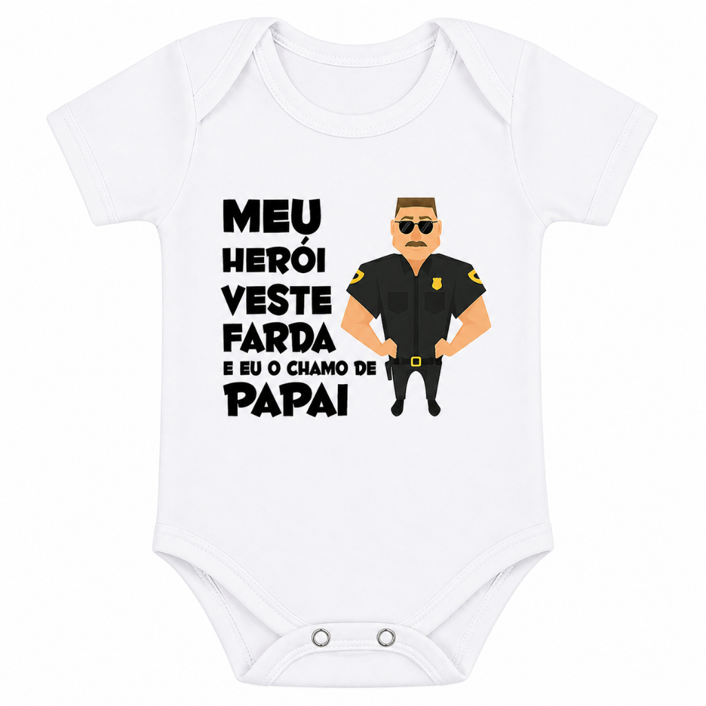 Body Bebê Meu Herói Veste Farda  Unissex Manga Curta Estampado