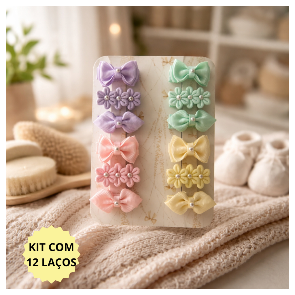 Kit 12 Mini Laços RN para Bebê Recém-Nascida — Delicados, Confortáveis e Antiderrapantes (3,5 cm)