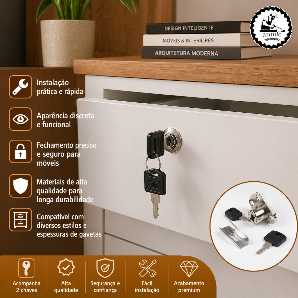 Fechadura Para Gaveta 22mm 31mm 1 2 3 4 5 ( Batente Parafusos) Armario Porta Guarda Roupa