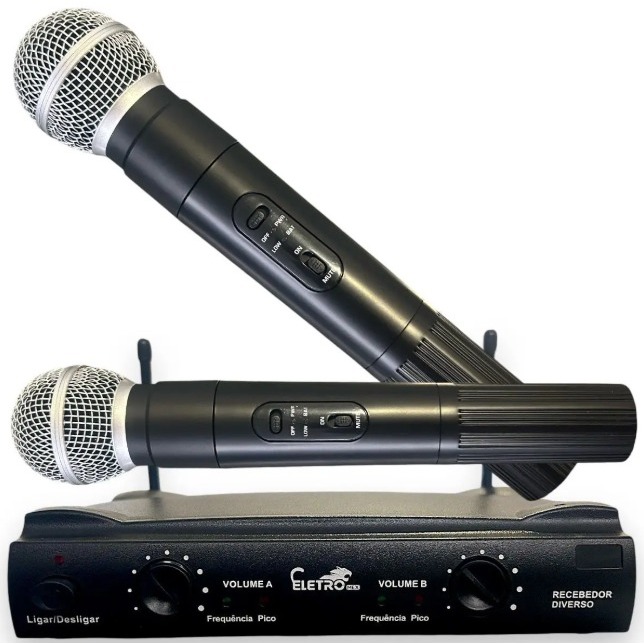 Microfone Duplo Com Receptor Sem Fio Dinâmico Profissional Uhf